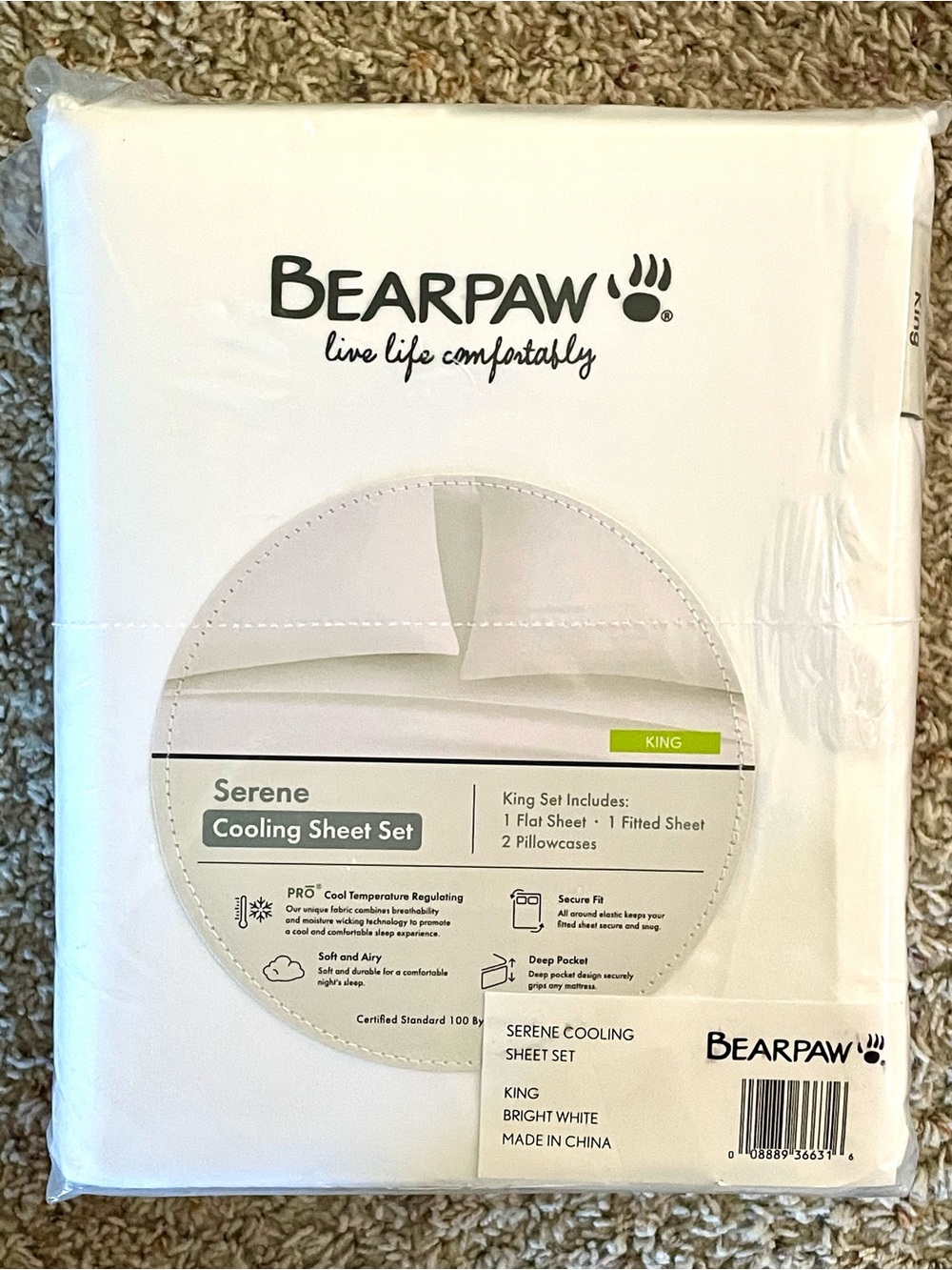 NEW BEARPAW Serene Cooling Sheet Set KING Sz White 4 Piece Deep Pocket Soft Airy